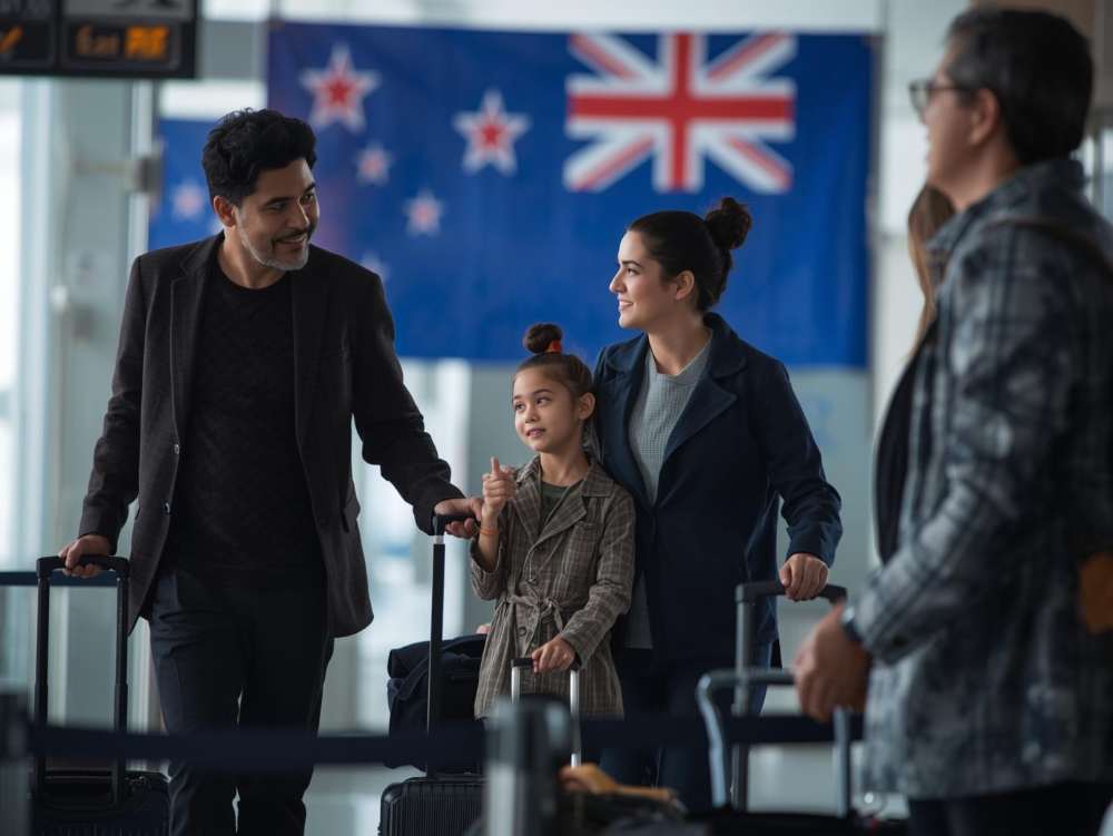 A family of three people boarding for Newzeeland.