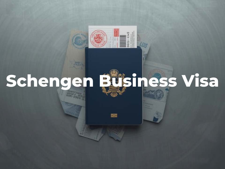 Picture of a passport with overlay "Schengen Business Visa" 