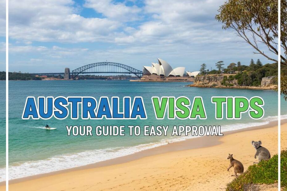 Scenic picture of Australia and a written text overlay "Australia Visa Tips"