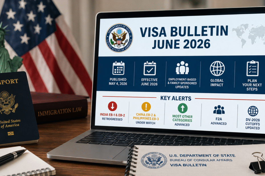 Check the full June 2026 Visa Bulletin. Includes EB-1, EB-2, EB-3, family-sponsored priority dates, DV-2026 cutoffs, and India retrogression updates for all countries.